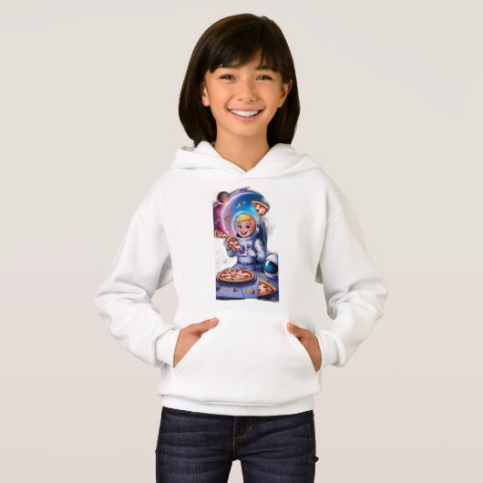 Astronaut eet pizza in de ruimte. (Voorkant volledig)