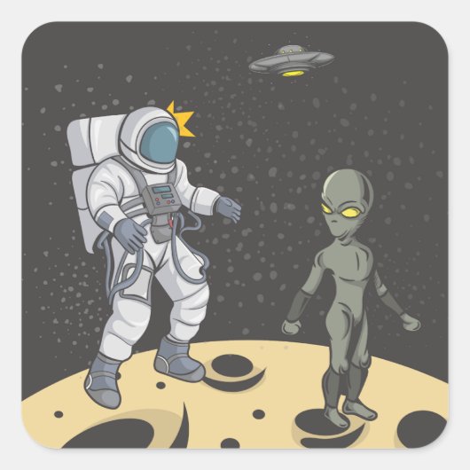 Astronaut en alien vierkante sticker (Voorkant)