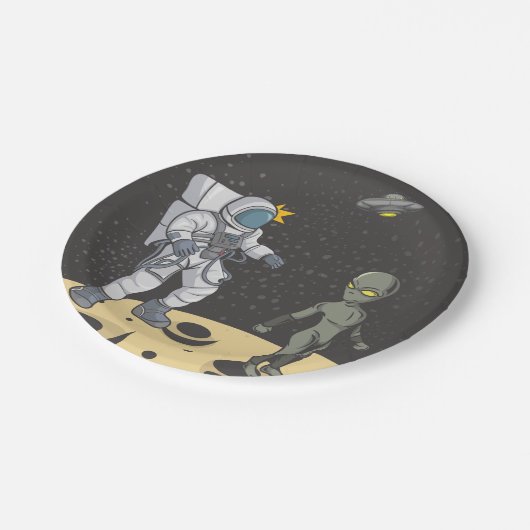 Astronaut en buitenaards papieren bordje (Gekanteld)