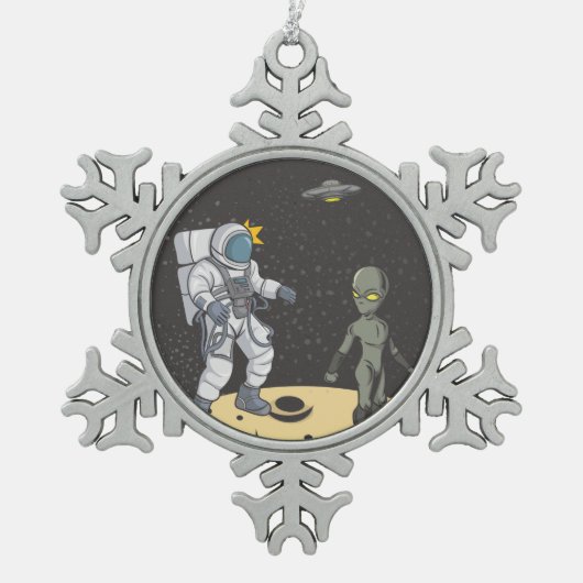 Astronaut en buitenaards tin sneeuwvlok ornament (Voorkant)