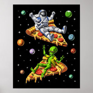 Astronaut en buitenaardse pizza rijden poster
