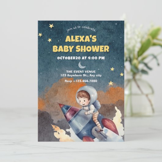 Astronaut en jet baby shower kaart (Staand voorkant)