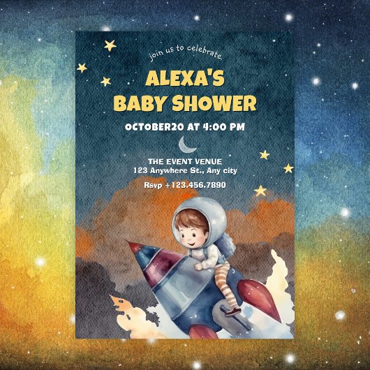Astronaut en jet baby shower kaart