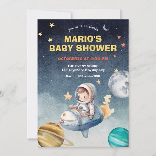 Astronaut en jet ruimte baby shower kaart (Voorkant)