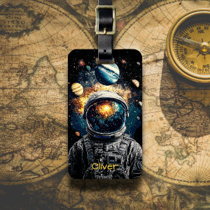 Astronaut en planeten kosmische illustratie bagagelabel