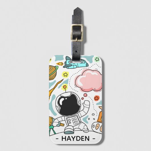 Astronaut en ruimte Doodles gepersonaliseerd Bagagelabel (Voorkant (verticaal))