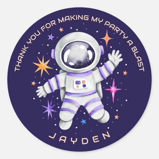 Astronaut en sterren in de ruimte bedankt ronde sticker (Voorkant)