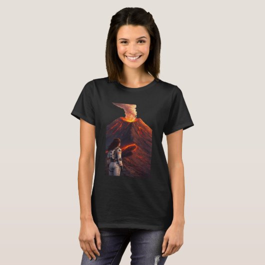 Astronaut Facing Erupting Volcano T-shirt (Voorkant volledig)