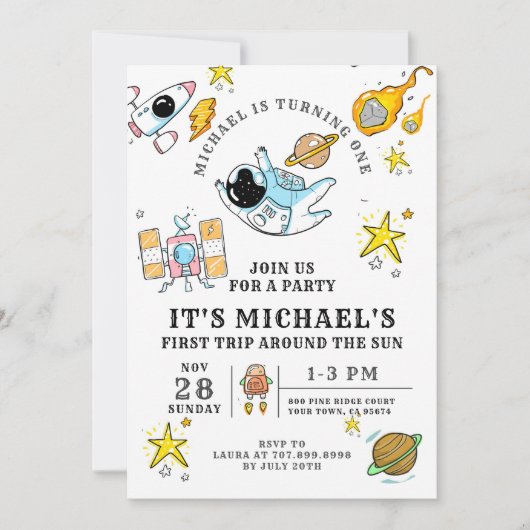 Astronaut First Birthday Party Invitation Kaart (Voorkant)