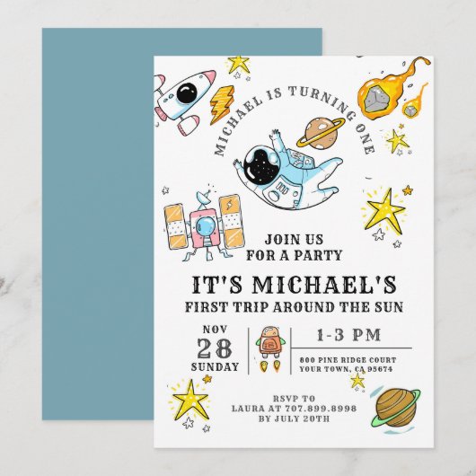Astronaut First Birthday Party Invitation Kaart (Voorkant / Achterkant)