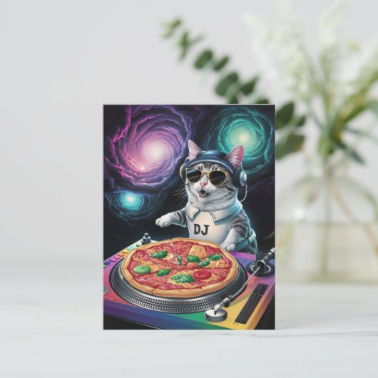 Astronaut Galaxy Planet Space Dj Cat Pizza Kitty   Briefkaart (Staand voorkant)