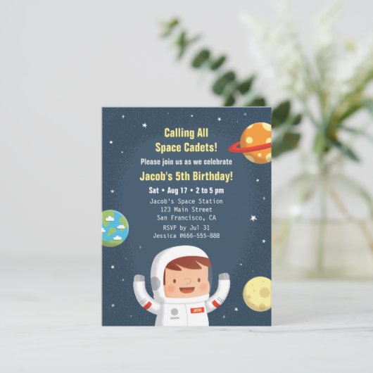 Astronaut Galaxy Space Boys Verjaardag Uitnodiging (Staand voorkant)