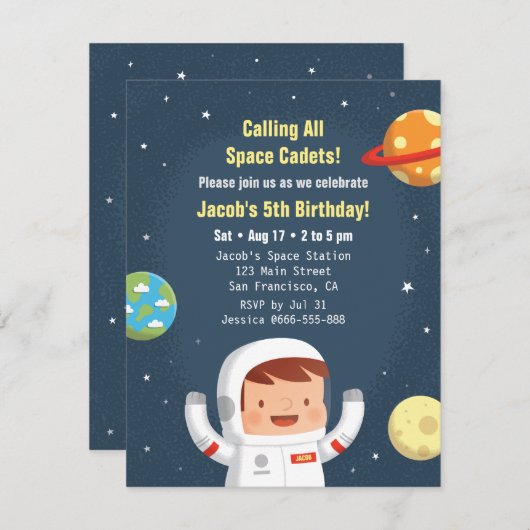 Astronaut Galaxy Space Boys Verjaardag Uitnodiging (Voorkant / Achterkant)