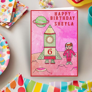 Astronaut Girl Moon in Space Cute Happy Birthday Kaart