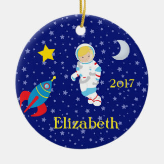 Astronaut Girl Night Sky Rocket Ornament