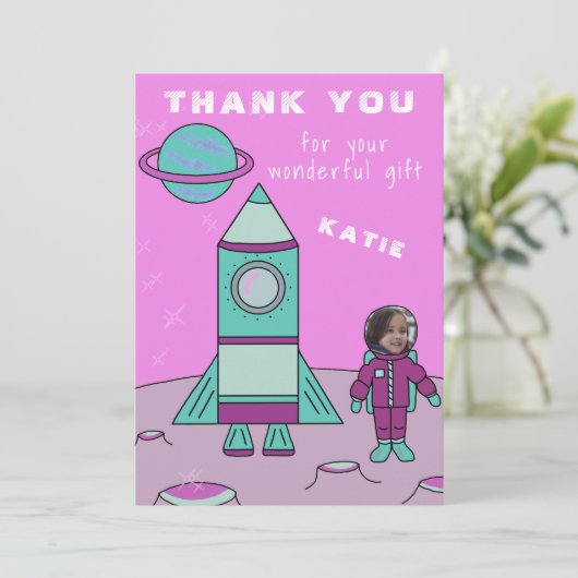 Astronaut Girl op maan Dank je neemt je gezicht in Bedankkaart (Staand voorkant)