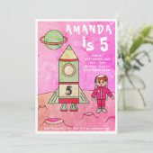 Astronaut Girl Rocket Ship Pink Birthday Party Kaart (Staand voorkant)