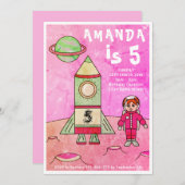 Astronaut Girl Rocket Ship Pink Birthday Party Kaart (Voorkant / Achterkant)