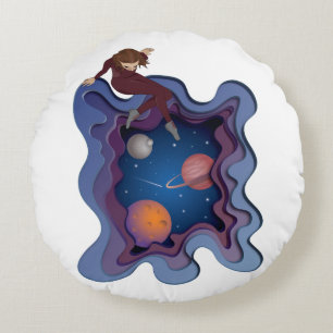 Astronaut Girl Space Gazing Rond Kussen