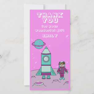 Astronaut Girl Space Rocket Pink Birthday Bedankkaart