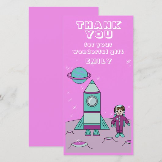 Astronaut Girl Space Rocket Roze Verjaardag Bedankkaart (Voorkant / Achterkant)