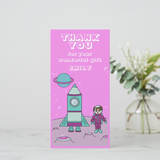 Astronaut Girl Space Rocket Roze Verjaardag Bedankkaart (Staand voorkant)