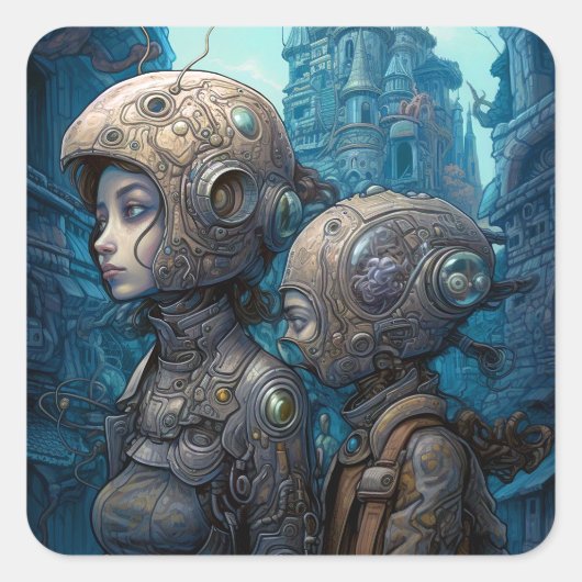 Astronaut Girls Surreal Science Fiction Vierkante Sticker (Voorkant)