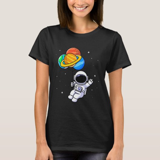Astronaut Holding Planet Balloons Solar System T-shirt (Voorkant)