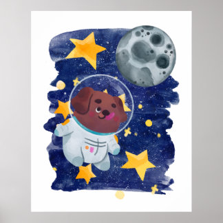 Astronaut Hond Waterverf Ruimte Sterren Planeet Ki Poster
