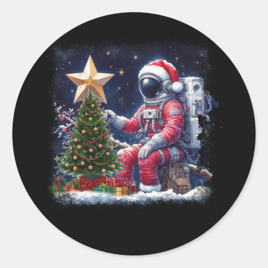 Astronaut in de buurt door Kerstboom Outer Space C Ronde Sticker (Voorkant)