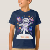 Astronaut in de ruimte met planeten en een raket t-shirt (Voorkant)