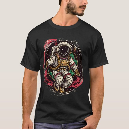 Astronaut in de ruimte met planeten in Jupiterster T-shirt (Voorkant)