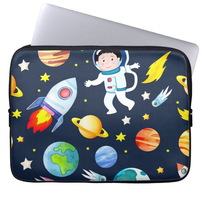 Astronaut in de ruimte planeten en raketten patroo laptop sleeve (Voorkant)