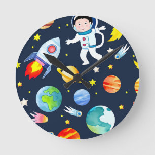 Astronaut in de ruimte planeten en raketten patroo ronde klok