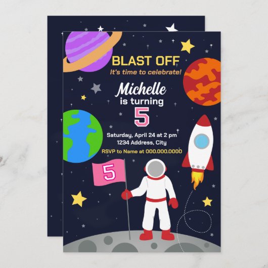 Astronaut in de ruimte verjaardagsuitnodiging kaart (Voorkant / Achterkant)