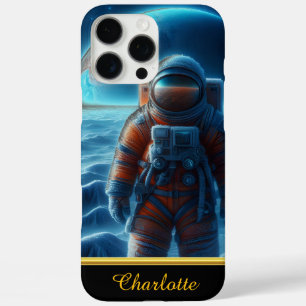 Astronaut in een ruimtepak achter hem iPhone 16 pro max hoesje