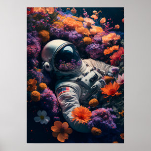 Astronaut in kleurrijke bloemen poster