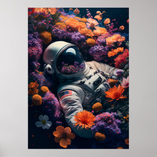 Astronaut in kleurrijke bloemen poster