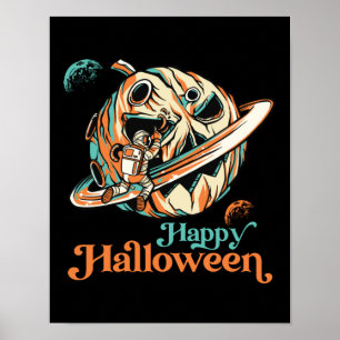 Astronaut in Outer Space Pumpkin Planet Halloween Poster