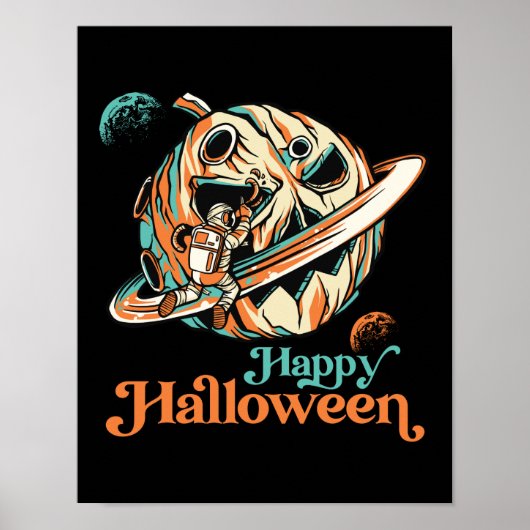Astronaut in Outer Space Pumpkin Planet Halloween Poster (Voorkant)