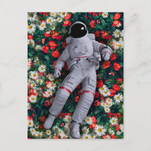 Astronaut in rode en witte bloemen briefkaart