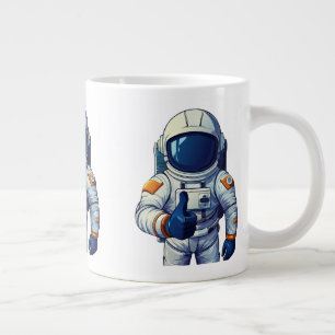 astronaut in ruimtepak die duim omhoog geeft grote koffiekop
