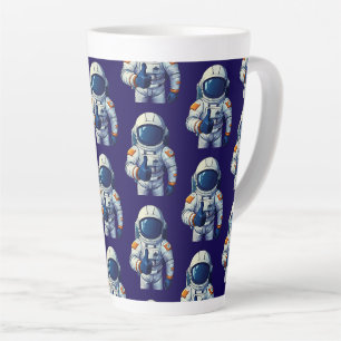 astronaut in ruimtepak die duim omhoog steekt latte mok