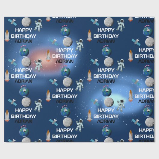 Astronaut in Space Galaxy Theme Birthday Name Cadeaupapier (Vlak)
