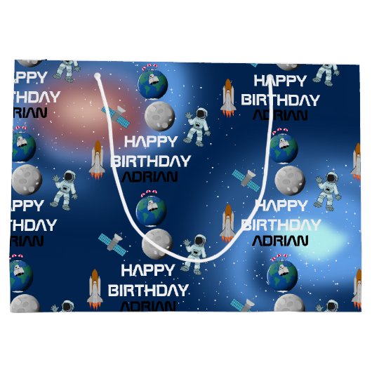 Astronaut in Space Galaxy Theme Birthday Name Groot Cadeauzakje (Achterkant)