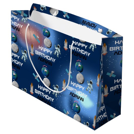 Astronaut in Space Galaxy Theme Birthday Name Groot Cadeauzakje (Achterkant Gekanteld)