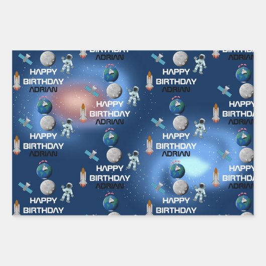 Astronaut in Space Galaxy Theme Birthday Name Inpakpapier Vel (Voorkant 2)