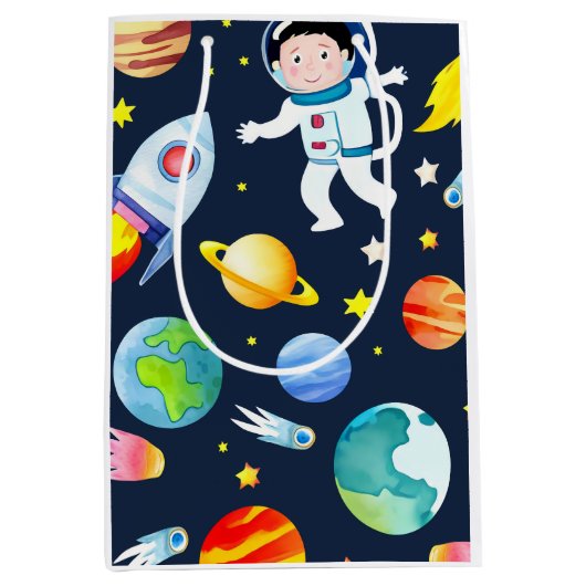 Astronaut in Space Planets and Rockets Pattern Medium Cadeauzakje (Voorkant)