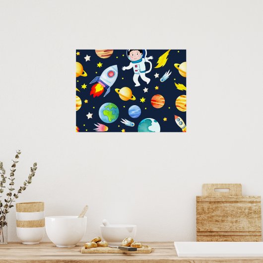 Astronaut in Space Planets and Rockets Pattern Poster (Keuken)