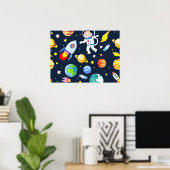 Astronaut in Space Planets and Rockets Pattern Poster (Thuiskantoor)